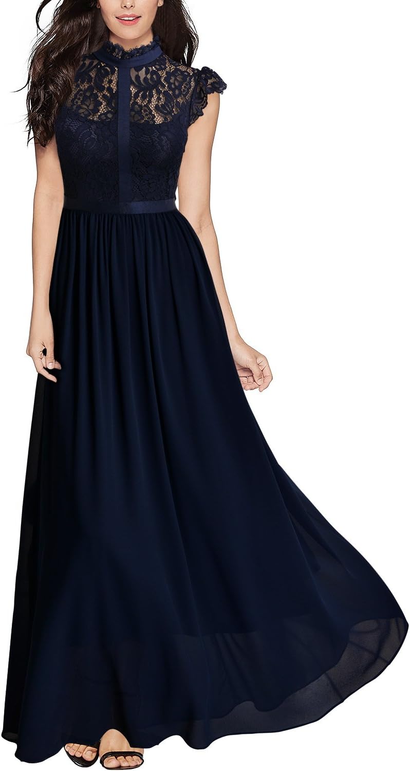 Women's Formal Floral Lace Cap Sleeve Evening Party Maxi Dress