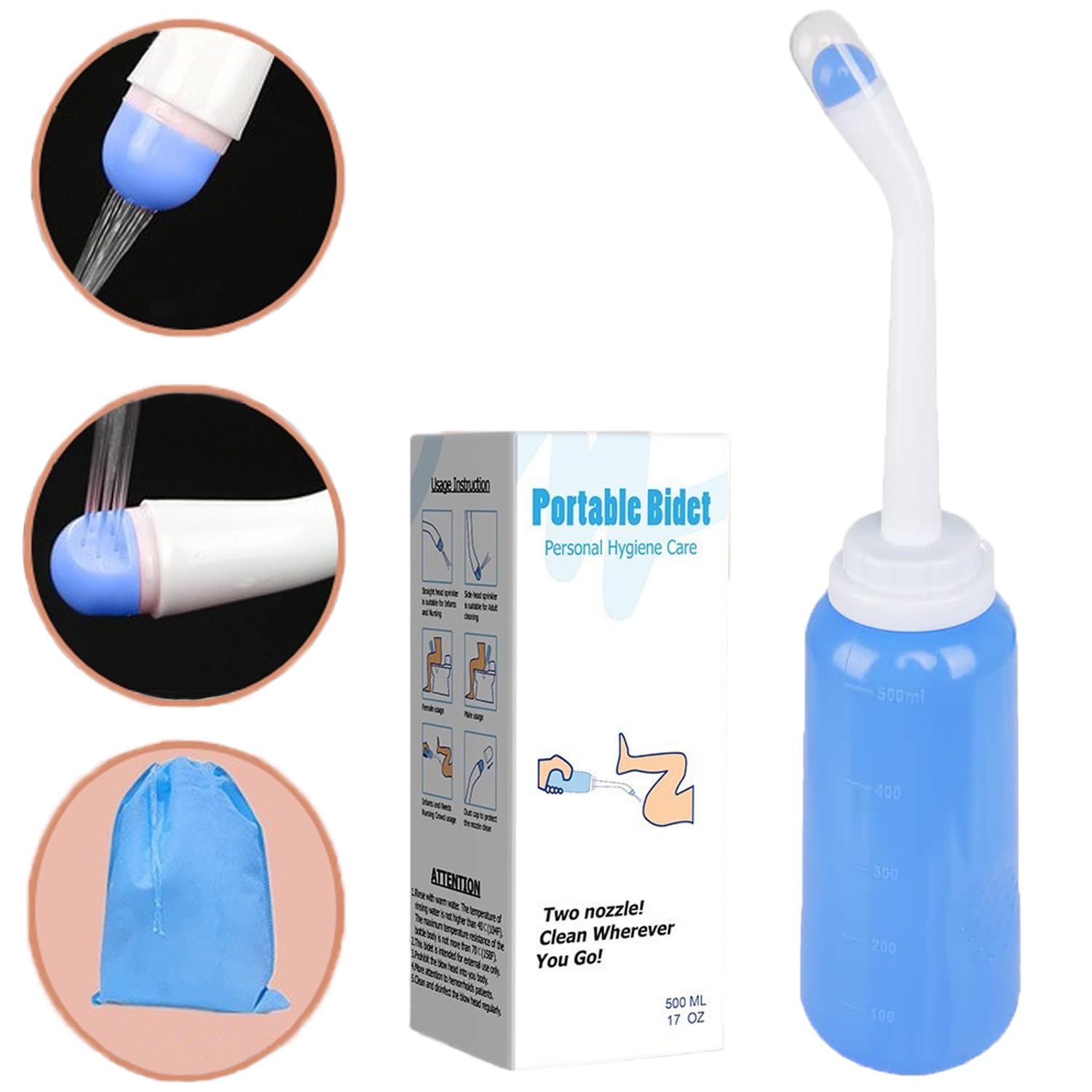 Vaginal Douche 500ml Portable Vaginal Cleaning Bidet Handheld Travel Bidet with 2 Nozzles for Pregnant Women Cleansing, Postpartum Clean, Anal Douche
