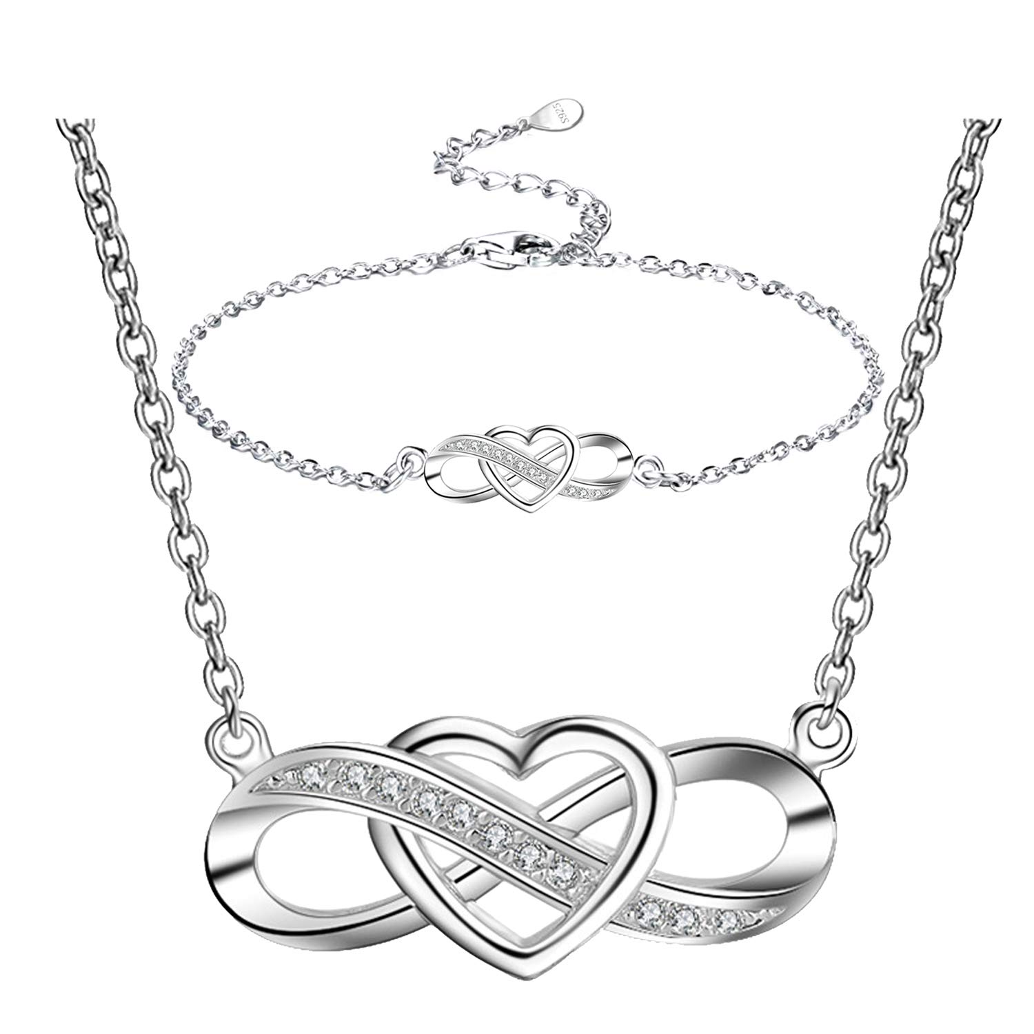 LYL.Adorer Jewellery Set for Women, Infinity Endless Love Heart Necklace and Bracelet, Sparkling Cubic Zirconia,925 Sterling Silver,Gift for Girls, Womens Gift Jewellery