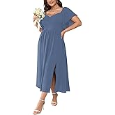 SCOMCHIC Women Plus Size Dresses Short Sleeve Sweetheart Neckline Wedding Guest Cocktail Smocked A Line Slit Maxi Dress