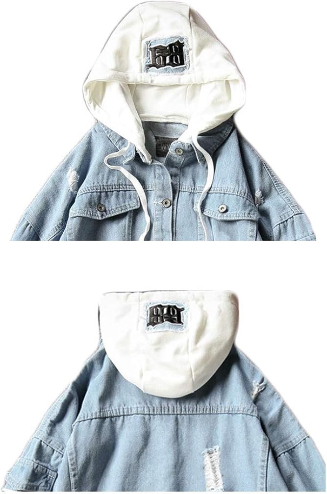 Lavnis Men's Denim Hooded Jacket Casual Button Down Ripped Jeans Jacket Coat Outwear at  Men’s Clothing store