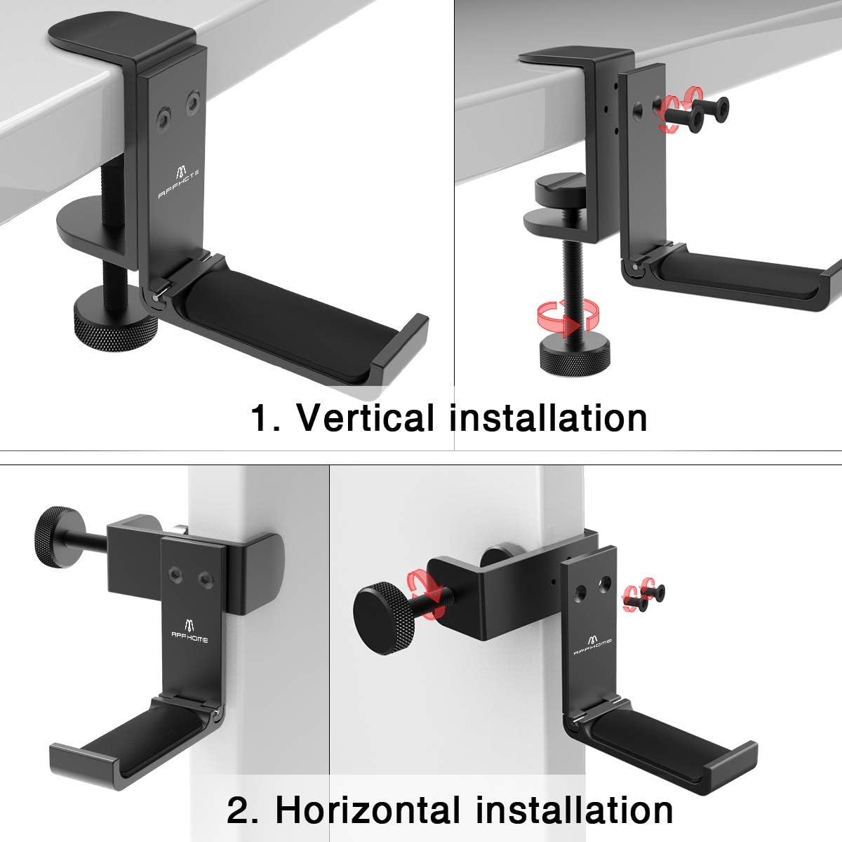 APPHOME [Upgrade] Foldable Headphone Stand Hanger Holder Aluminum Headset Soundbar Stand Clamp Hook Under Desk Space Save Mount Fold Upward Not in Use, Universal Fit Gaming PC Accessories, Black: Electronics