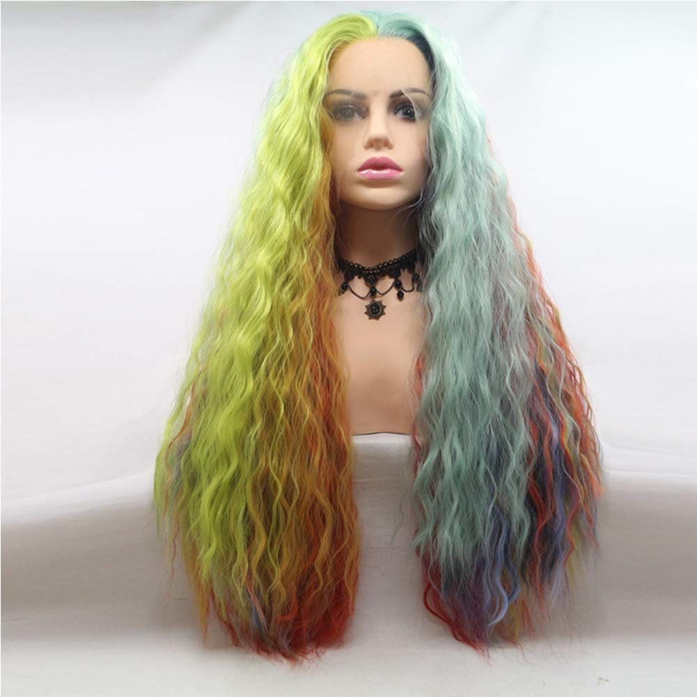 Amazon Com Rainbow Wig Woman Long Curly Synthetic Fiber High Temperature Silk Front Lace Wig Suitable For Party Dance 20inches Beauty