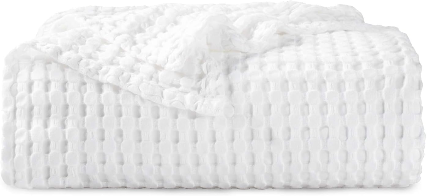 Bedsure 50% Cotton 50% Bamboo Blanket, Waffle Weave Blanket for Couch/Bed, Soft Lightweight Blanket for All Season(Full/Queen Size, 90 x 90'', White): Kitchen & Dining