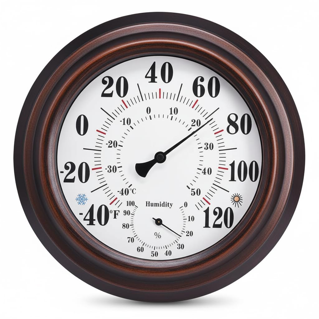 Photo 1 of [Outdoor/Indoor] Thermometer Hygrometer, 10-inch Large Analog Wall Mounted Temperature and Humidity Monitor Gauge for Home, Patio, Garden, Garage, Cellar - Weatherproof & Easy to Read (Bronze)