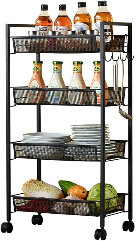Amazon Zkaiai 動ける 食品収納棚 キッチンストレージは 家庭用ストレージ野菜や果物モバイルトロリー ブラック 84 45 26cm フロアタイプ4レイヤーラック 木製 食器棚シート オンライン通販