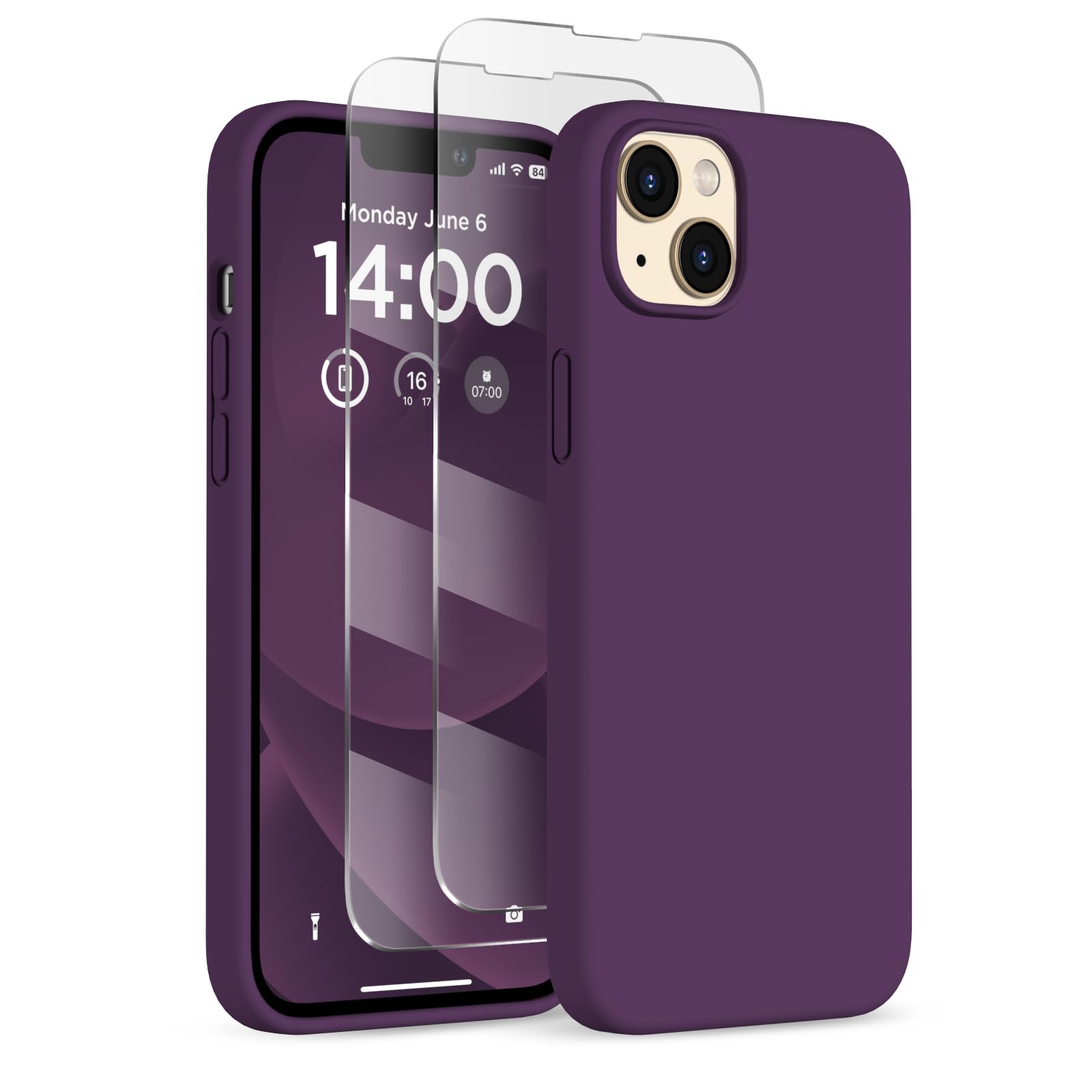 COFFKER Compatible with iPhone 14 Case, Liquid Silicone Case [with 2X Screen Protectors], Full Body Shockproof Protective Cover Slim Thin Phone Case for iPhone 14 6.1 inch, Dark Purple