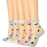 Campsis Sheer Socks With Design Black Sheer Ankle Socks Floral Nylon Sock for Women(5 Pairs)