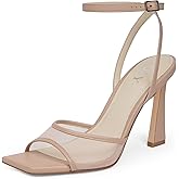 QIY Strappy Heels for Women Heeled Sandals Square Toe Heel Ankle Strap Stiletto Mesh High Heels Dress Shoes