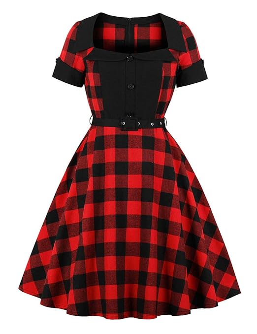 BONNIO Damen Floral Vintage Plaid Plissee Cocktail Weihnachtsfeier Eine Linie Flare Kleid