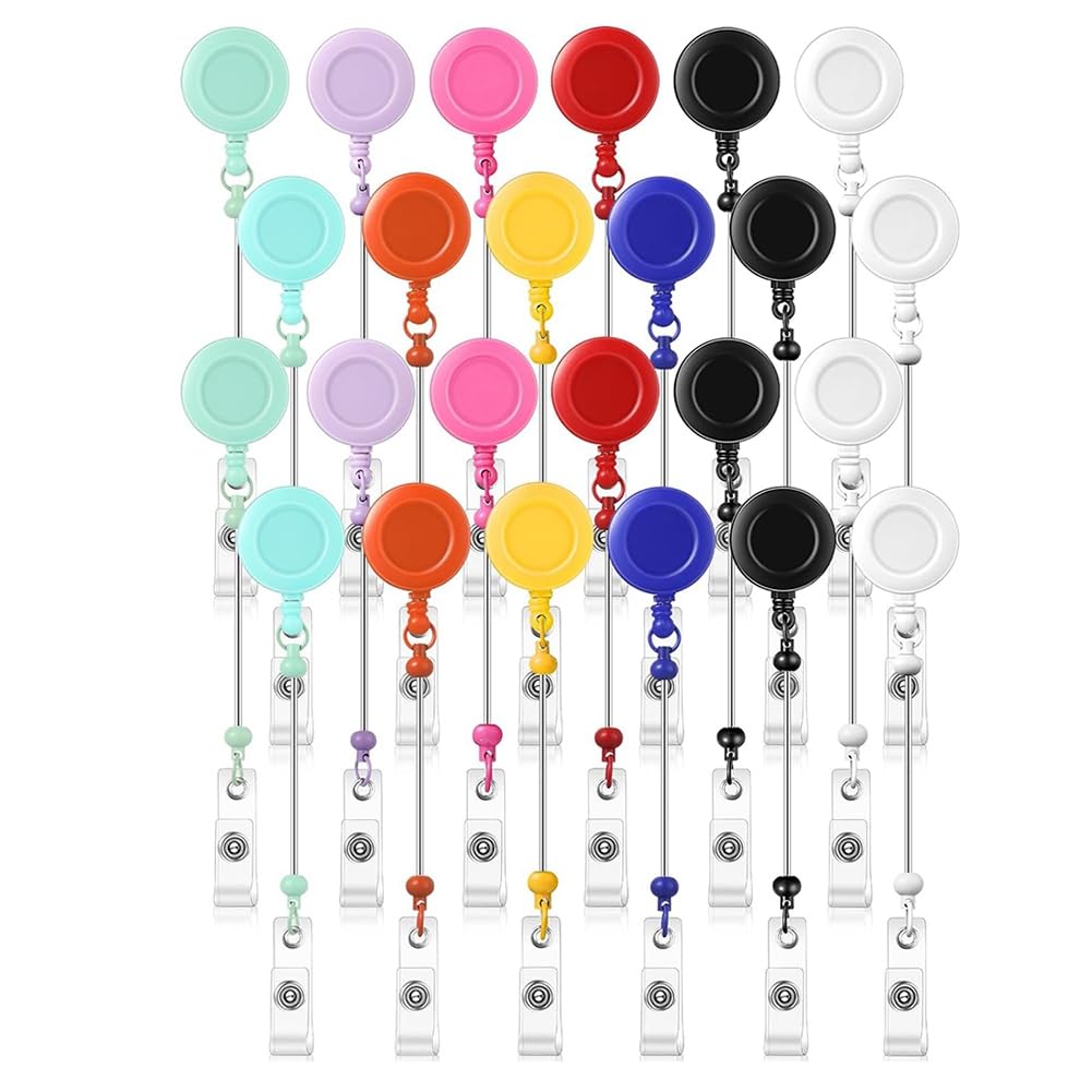 NISHZHU 24 Pcs Beadable Badge Reel Retractable Clips Holder for Beads Bulk Blank Bar ID Name Badge Reels with Belt Clip,Colorful