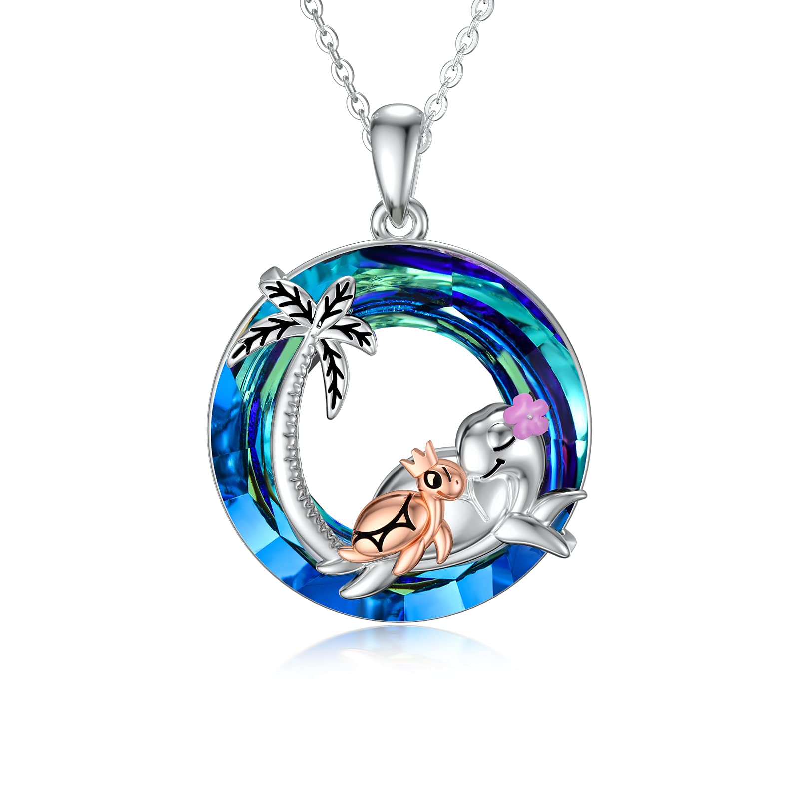 URONE Turtle Pendant Necklace Sterling Silver Mom and Daughter Turtle with Crystal Pendant Jewellery Sea Animal Gifts for Women Girls Mother Wife