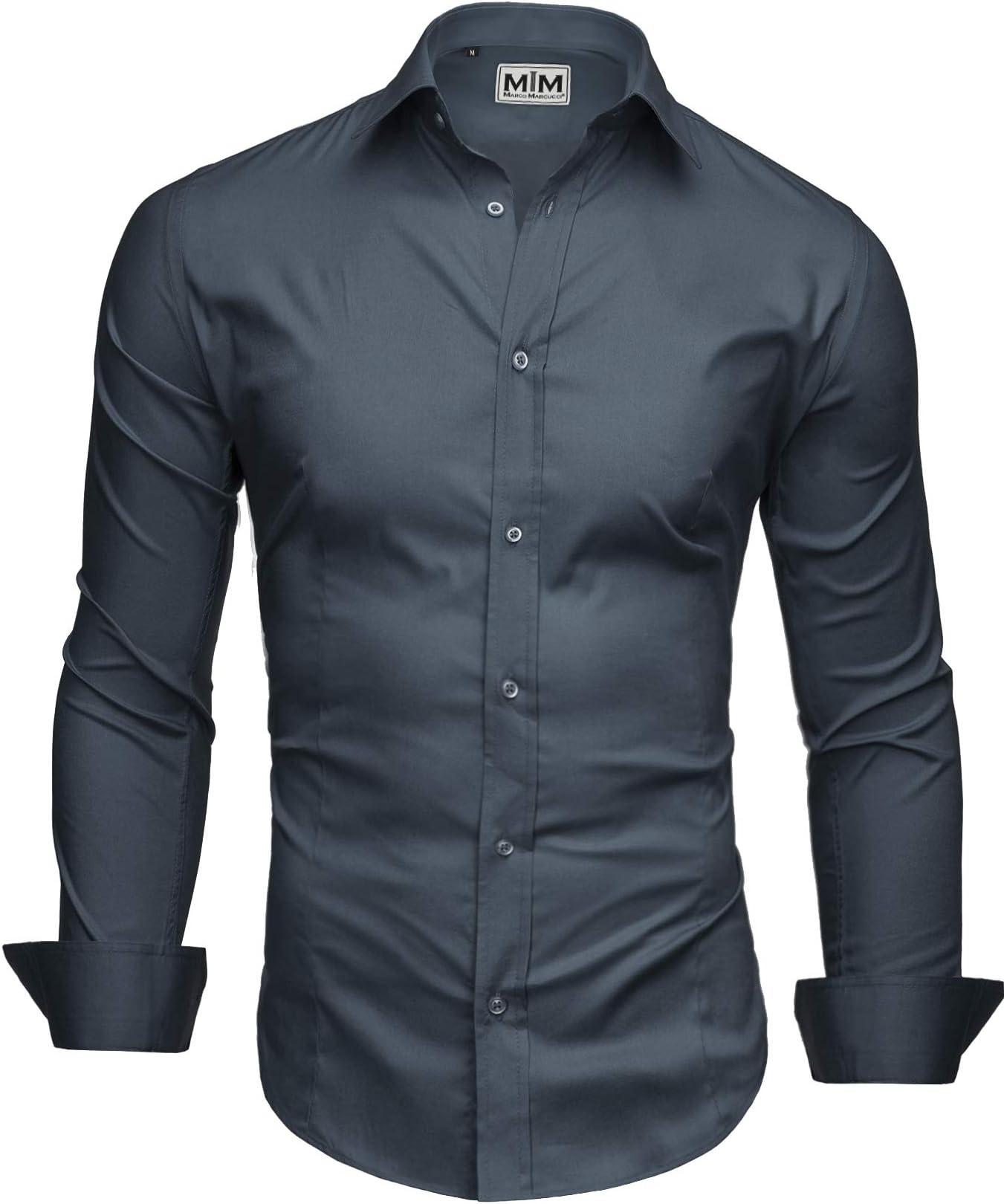 Marco Marcucci Men's Dress Shirt Slim Fit - Long Sleeve Basic - Breathable Dark Grey