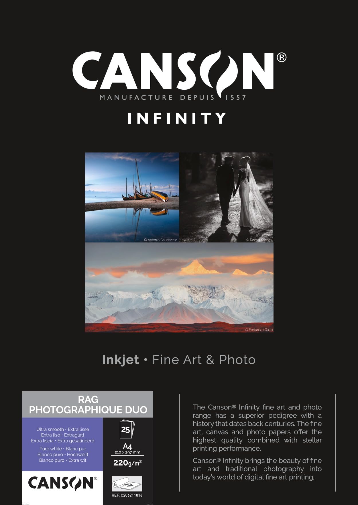 CANSON Infinity Rag Photographique Duo Ultra Smooth 220gsm A4 Paper, Digital Fine Art Reproduction, 25 Pure White Sheets, Ideal for Professional Photographers โ image 1