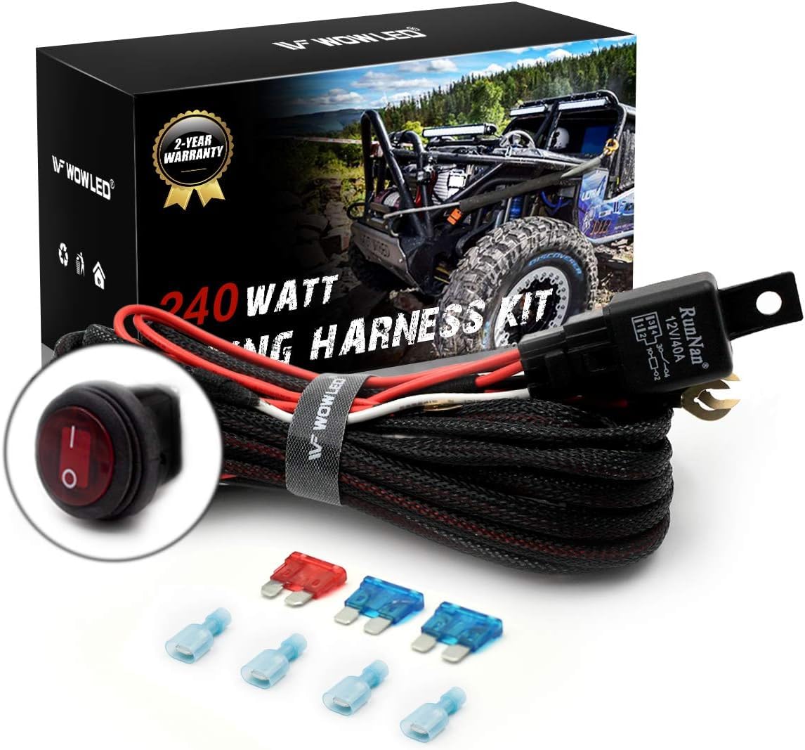 WOWLED LED Light Bar Wiring Harness Relay Kit + Switch 12V Car Wiring Kit for Fog Light, Spotlight, Off-road, 4x4 ATV, Truck, Boat, SUV, UTV, Braided
