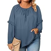 Eytino Womens Plus Size Tops Long Sleeve Crewneck Dressy Casual Chiffon Blouse Flowy Shirts(1X-5X)