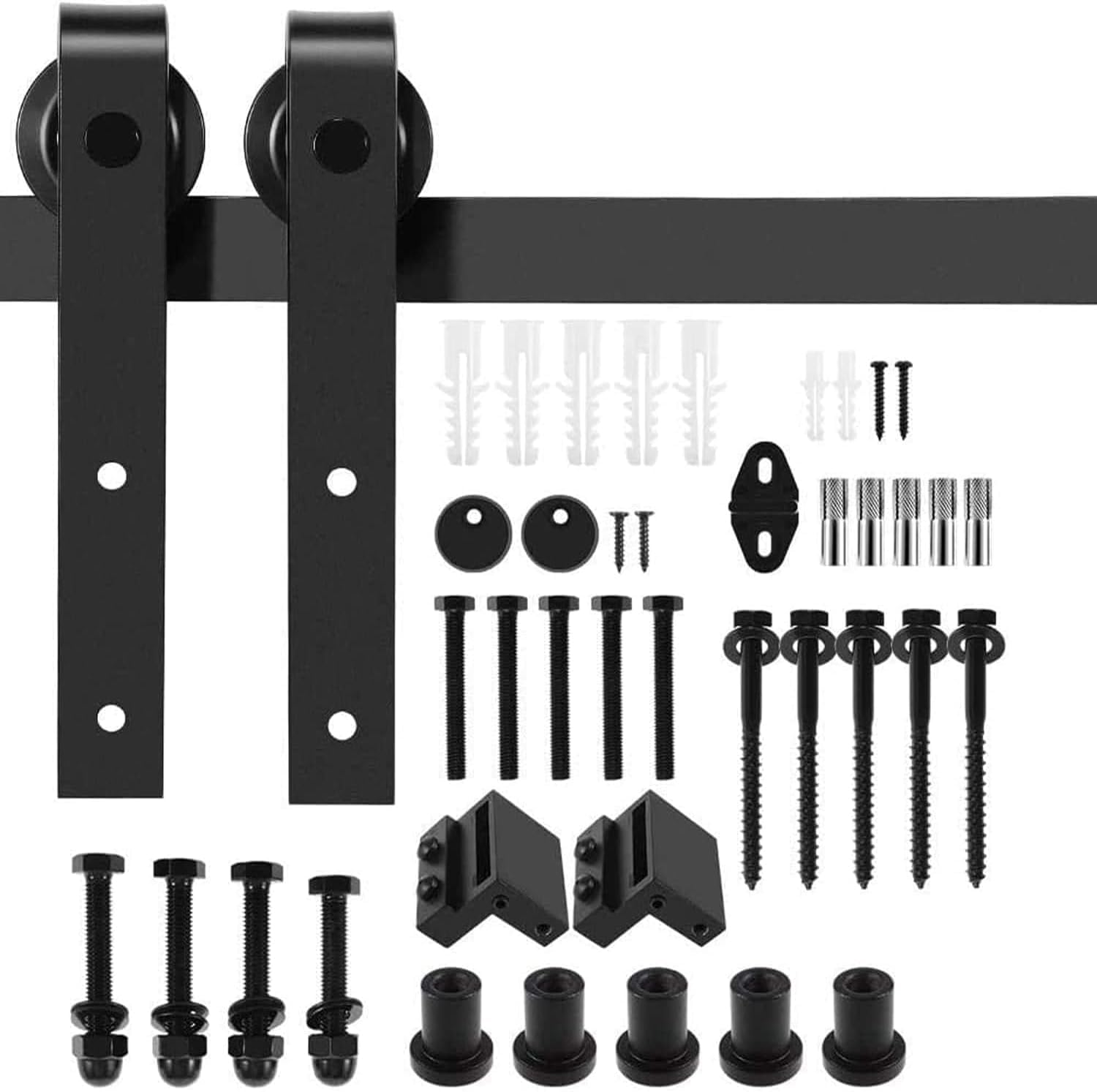 Sliding Barn Door Hardware Kit, Heavy Duty Carbon Steel J-Shape Hangers, Smooth & Quiet Rolling Track Rail System for Single Wooden Door, Fits 35-45mm Thickness, Matte Black (Black, 6.6FT)