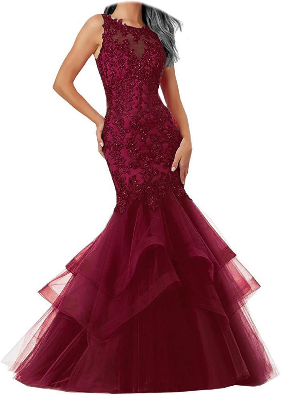 Ellenhouse Women's Applique Tulle Long Mermaid Prom Party Evening Dresses