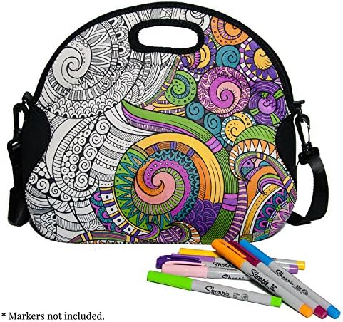Rosella Market Lunch Tote - Design-it-Yourself Neoprene Lunch Box, Lunch Bag, Poppy Swirl, XL with Adjustable Crossbody Shoulder Strap, Unique Coloring Bag for Women, Teens, Adults