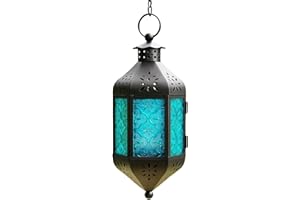 Vela Lanterns Hanging Moroccan Style Candle Lantern with Chain, Blue