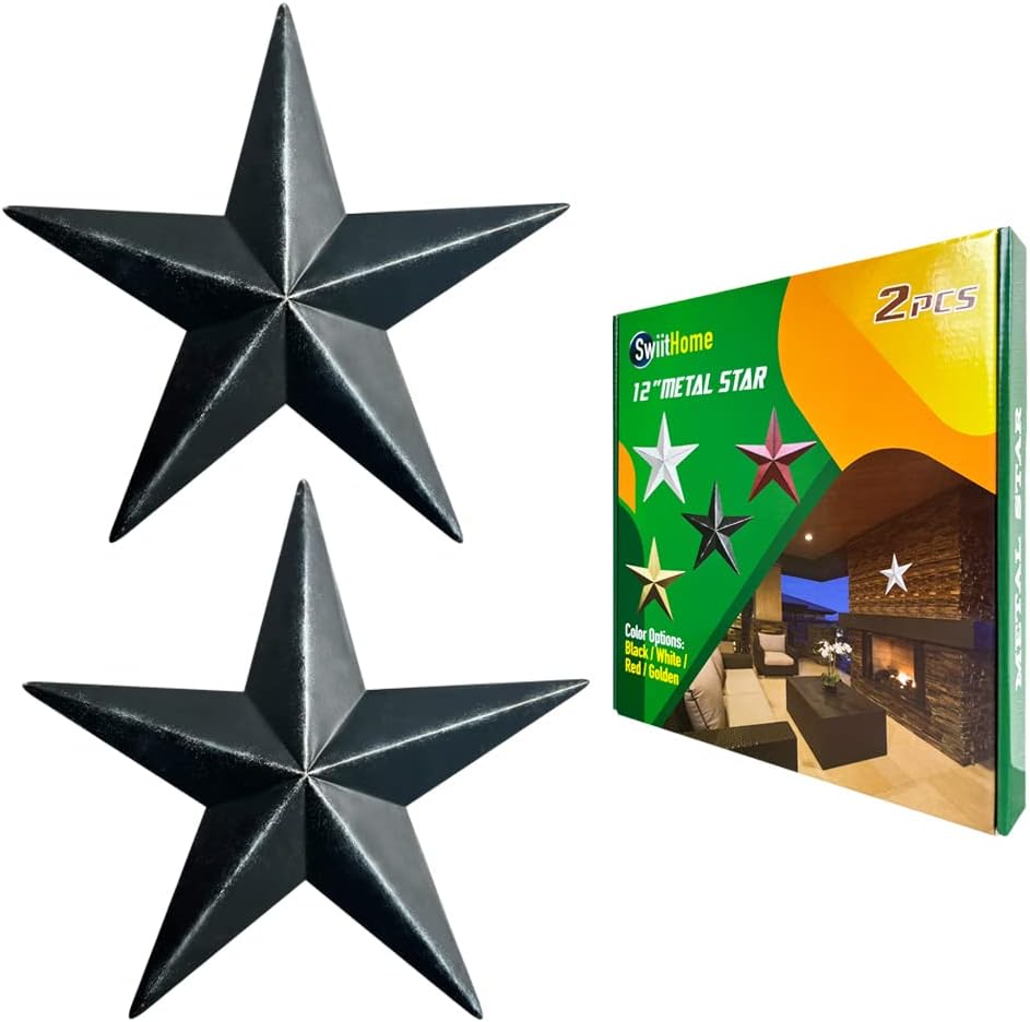 Plaques & Wall Art - 2 Pieces 12 Inch Metal Star, Barn Star for Home Decoration,Iron Vintage Wall Arts and Crafts, Hanging Wall Decor for House, Christmas Indoor Outdoor Decorations (Black)