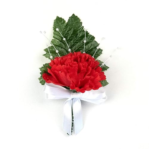 4 pcs Red Silk Carnation Boutonniere with Cute Satin Bow