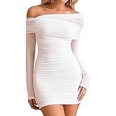 HTZMO Women Long Sleeve Sexy Off Shoulder Short Dress Bodycon Ruched Homecoming Going Out Party Club Mini Dress