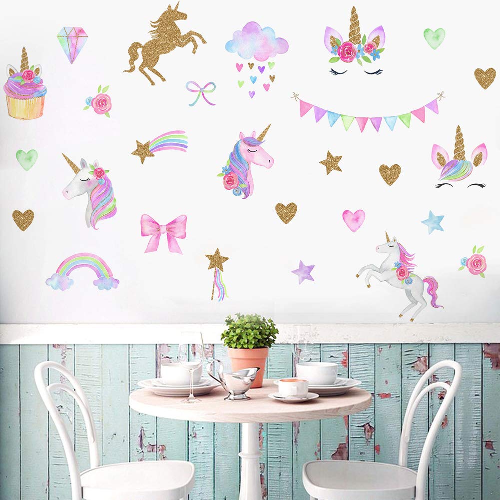 [2 PCS] Unicorn Wall Decals, Romantic Unicorn Wall Stickers Girls Bedroom, Unicorn Wall Stickers Decorations, Wall Decor with Clouds