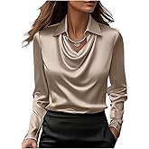 SOLY HUX Women's Satin Silk Blouse Cowl Neck Draped Long Sleeve Collared Shirt Work Office Tops