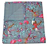 The Ethnic Crafts Grey Kantha Quilt, Indian Kantha Blanket, Queen Quilt, Bird Print Kantha Throw, Handmade Kantha Embroidered Bedspread,