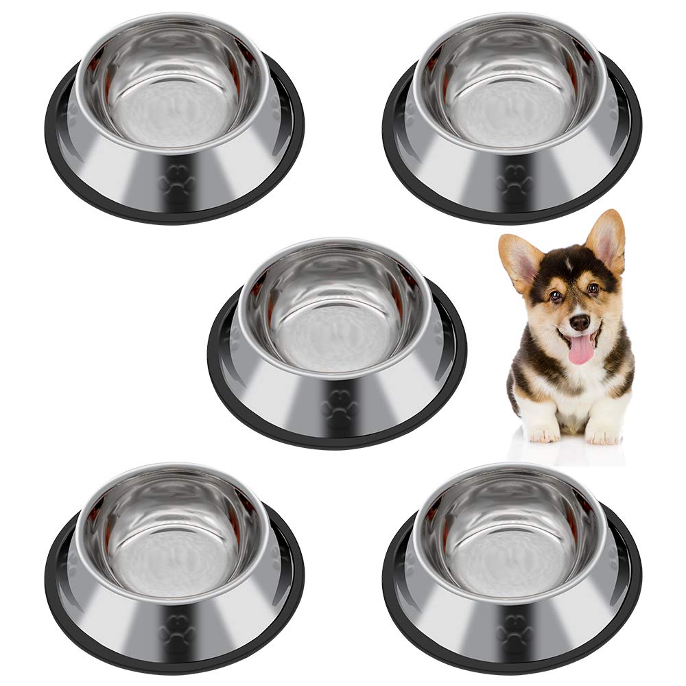 Iyowei 5Pcs Stainless Steel Cat Bowl, Double Non-Slip Cat Food Bowl Cat Water Bowl Pet Feeding Bowls Puppy Bowls with Rubber Base for Cats & Dogs Feed Water and Food, Inner Diameter 10cm