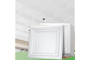 LooYee 24 PCS 2ft x 2ft Drop Ceiling Tiles, PVC Glue Up Ceiling Panel White, Waterproof, Washable and Fire-Rated - Reusable - High-Grade PVC to Prevent Breakage 96 Sq. Ft