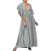 R.Vivimos Maxi Dresses for Women 2026 Summer Short Sleeve V Neck Drawstring Tie Boho Loose Flowy Long Dresses with Pockets