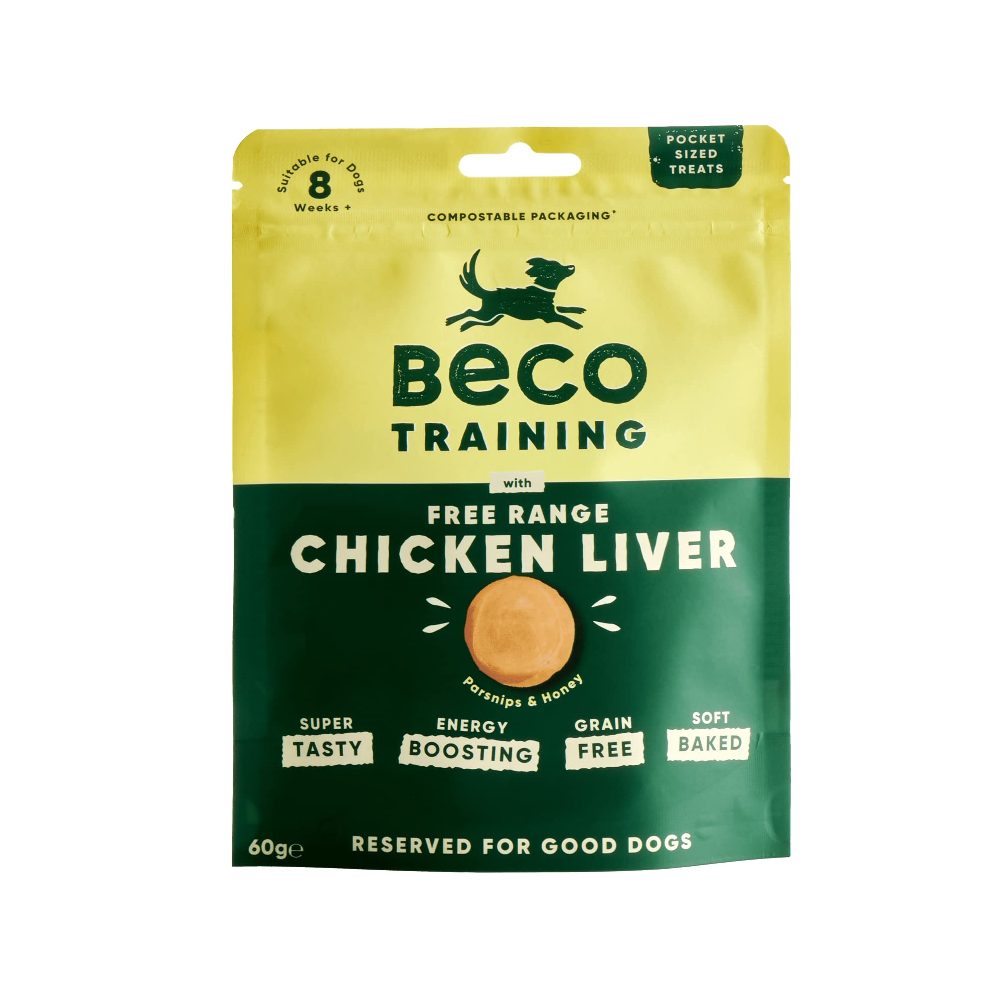 Beco Dog Treats - 60g x 10 Packs, Chicken Liver with Parsnip & Honey, High Protein, Low Calorie & Responsibly Sourced Pocket Sized Snacks for Dogs 8+ Weeks