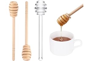 Honey Dipper Sticks Set, Glass Stirrers Spoon with 2 Pcs Wooden Honey Dipper for Jam Muddler, Chocolate, Caramel