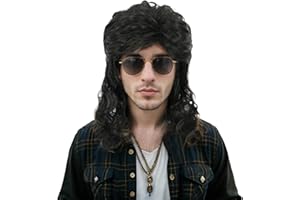 karlery Men Women Long Curly Black Wig 70s 80s Heavy Metal Rocker Mullet Funny Wig Synthetic Fiber Adjustable Costume Halloween Cosplay Theme Party Wig