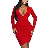 Women's Long Sleeve Bodycon Dress - Sexy Mini Club Dress, Slim Fit Knit Cocktail Party Dress V Neck