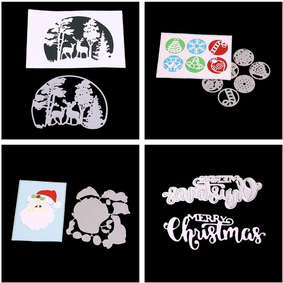 Meslio 4pcs Cutting Dies Set for Card Making, Cut Die Stencil Template Mould for DIY Scrapbook Embossing Album Paper Card Craft (Forest Deer,Snowflake Candy,Santa Claus,Merry Christmas Words)