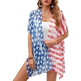Women American Flag Kimono 4th of July Cover Up Lightweight Cardigan 4th of July Outfits for Women S-XXL