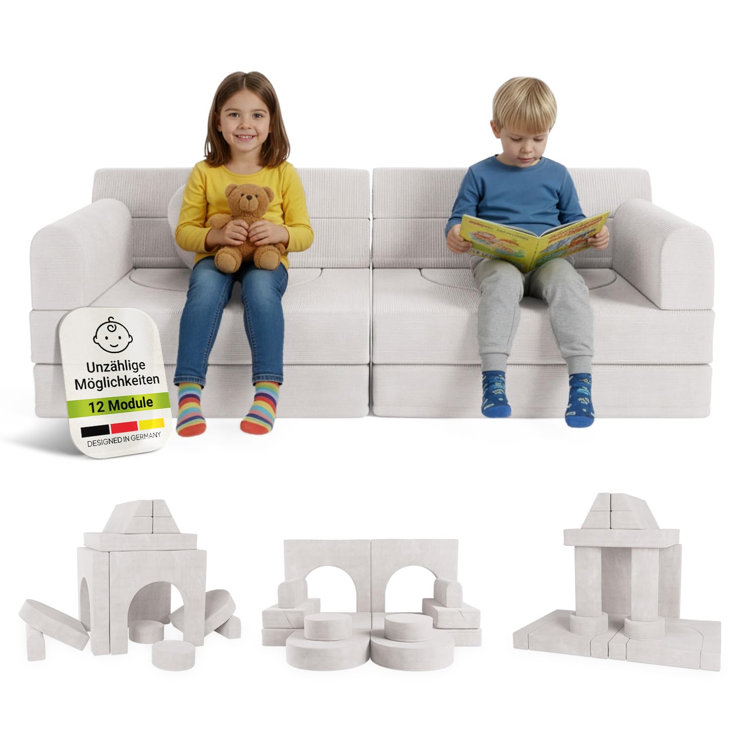 Juskys® Kindersofa Kayo – Cord, modular & weich, Sofa für Kinderzimmer & Spielzimmer, sicher, flexibel, pflegeleicht, mit abnehmbaren Bezügen – Beige