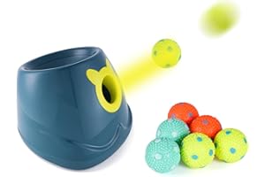 LAKAYA Automatic Ball Launcher, 4 Launch Distance Modes, 6 Pack 2-inch Small Sized Spotted Latex Balls Included, Suitable for Small to Medium Sized Dogs (Blue)