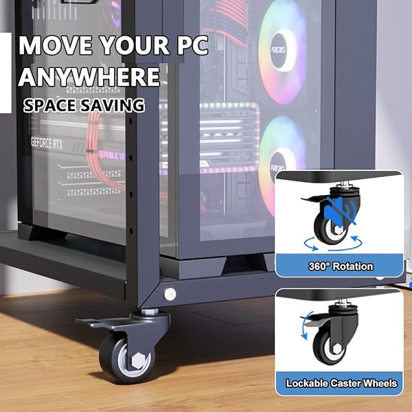 ZUAVIALA COMPUTER TOWER STAND WITH POWER OUTLET, 6 LEVEL HEIGHT AJUSTABLE PC TOWER STAND FOR FLOOR, MOBILE ROLLING CPU HOLDER CART FOR GAMING, OFFICE, HOME, 21.34″-28.3″, BLACK