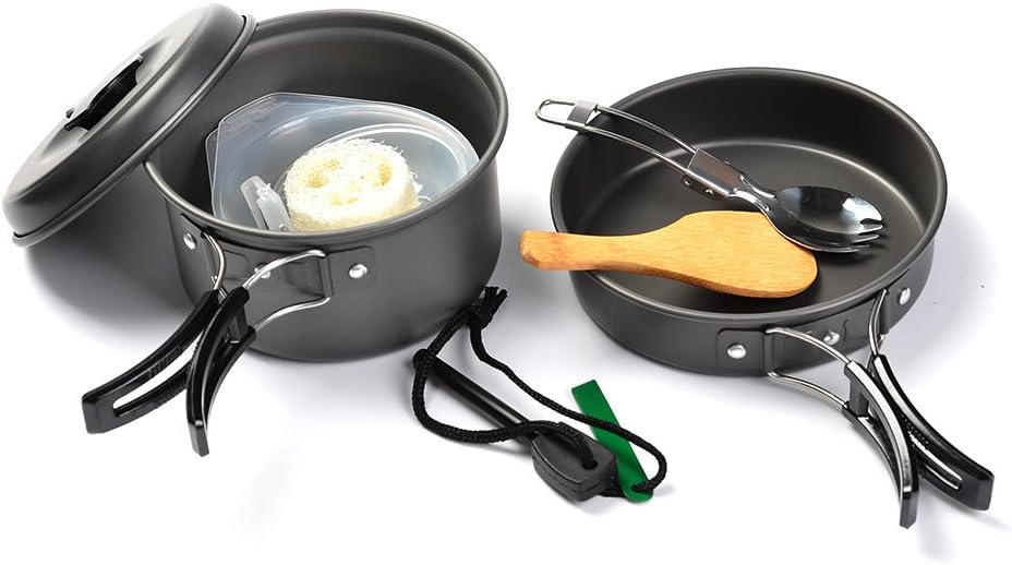 SKR Camping Cookware Kit Outdoor Hiking Cookware Non-stick Pan&Pots, Full Accessories, Total 11 Sets for 1~2 people
