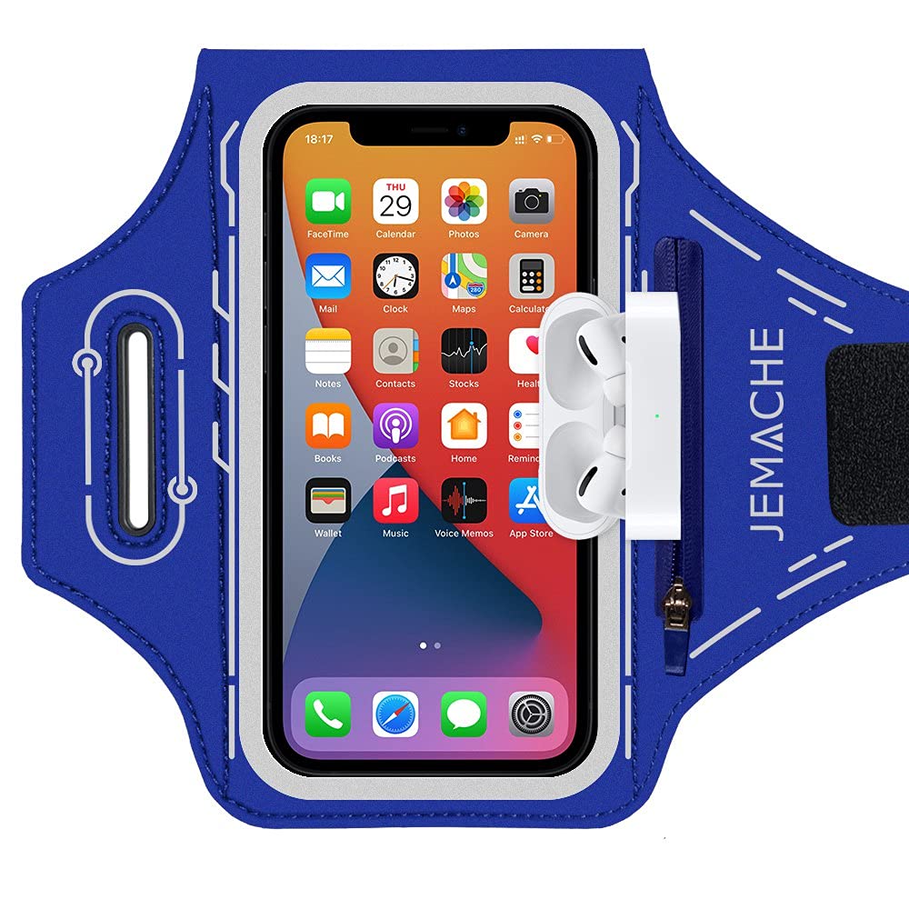 JEMACHE Running Cell Phone Armband for iPhone 16 Pro Max, 15/14/13/12/11 Pro Max, 16/15/14 Plus, Gym Workouts Arm Band with Airpods Holder (Navy Blue)