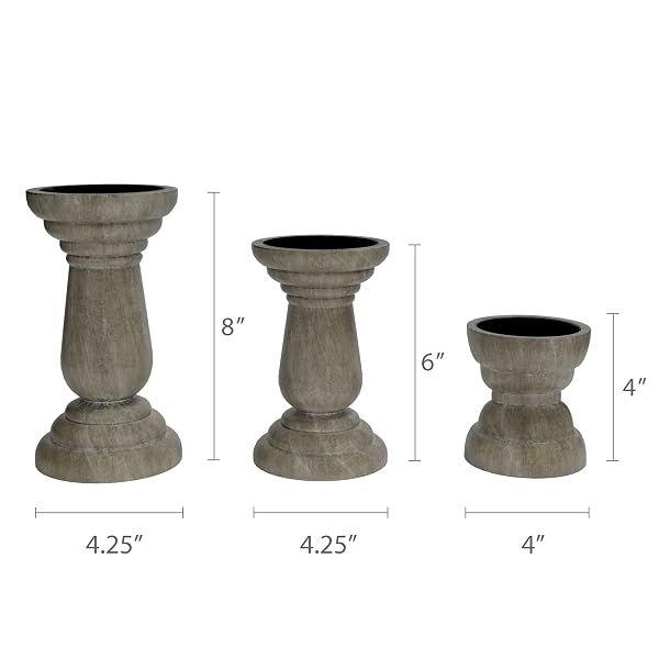 BARNYARD DESIGNS PILLAR CANDLE HOLDERS, TALL WOODEN RUSTIC FARMHOUSE CANDLESTICK HOLDERS FOR TABLE CENTERPIECE, SET OF 3, (4″, 6″, 8″), GREY