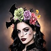 Dmaiy Halloween Flower Headband Rose Bat Headbands for Women and Men | Gothic Large Flower Headband Day of the Dead Flower Crown Headpiece for Mexican Dia de Los Muertos Costume Cosplay Party