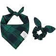 E-Clover St Patricks Day Dog Bandanas Boy & Matching Scrunchie Set Plaid Dog Bibs Scarf Triangle Kerchief Bandana for Medium Large Dogs Birthday Gifts Pet Owner Mom Green