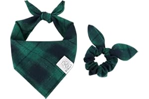 E-Clover Christmas Dog Bandanas Boy & Matching Scrunchie Set Plaid Dog Bibs Scarf Triangle Kerchief Bandana for Medium Large Dogs Birthday Gifts Pet Owner Mom Green Winter