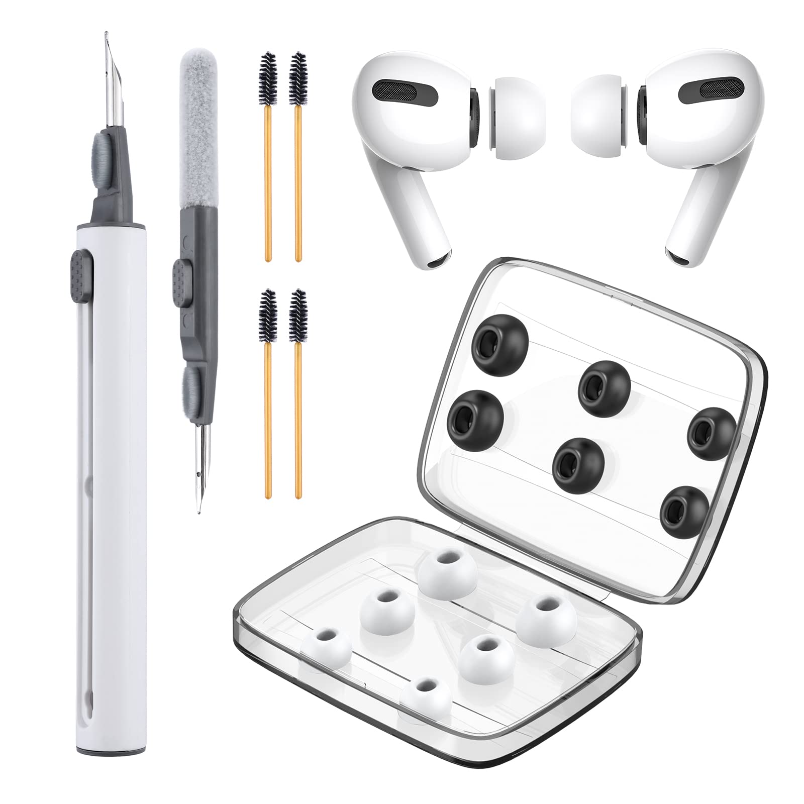 Photo 1 of [6 Pair] Memory Foam/Replacement Ear Tips for AirPods Pro & AirPods Pro 2, Cleaning Kit for AirPods 1 2 3 Pro/Pro 2 with Cleaner Pen and Storage Box (S/M/L, 3 Pair Foam Black & 3 Pair Silicone White)