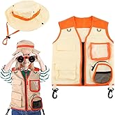 JTLB Kids Explorer Costume Set, 2Pcs Safari Vest and Hat for Outdoor Adventure, Bird Watching, with Washable Fabric (Yellow)